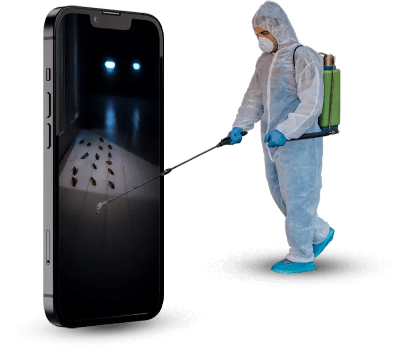 mockup telefono con disinfestatore e blatte